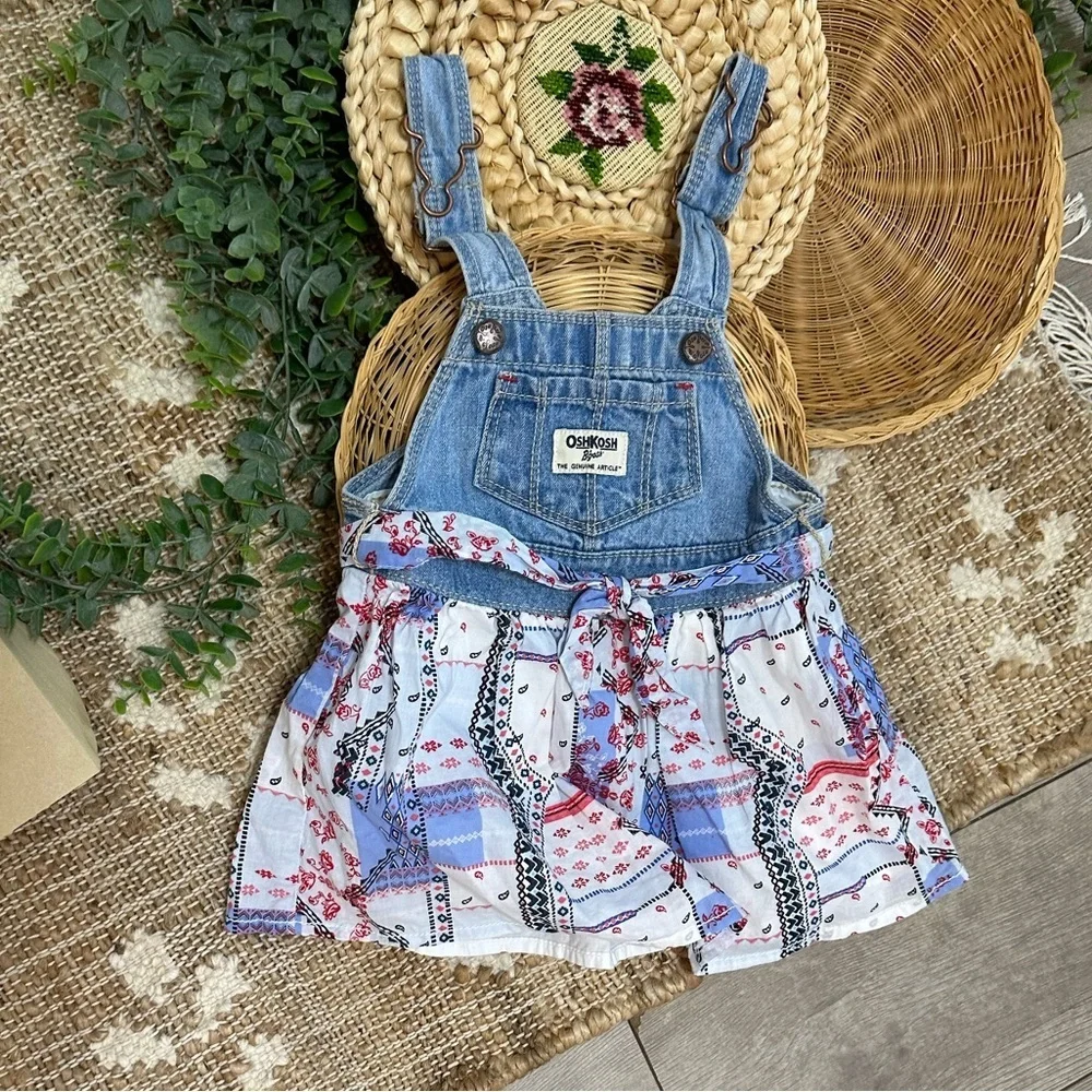 OshKosh B'gosh Red White Blue Denim Bandana Patchwork Overalls Dress Baby Girl